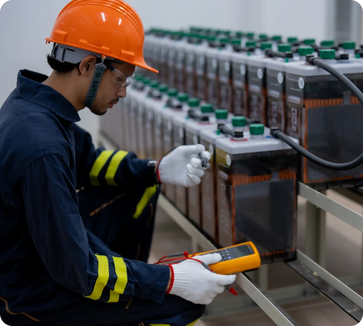 Technician inspecting battery cells with multimeter